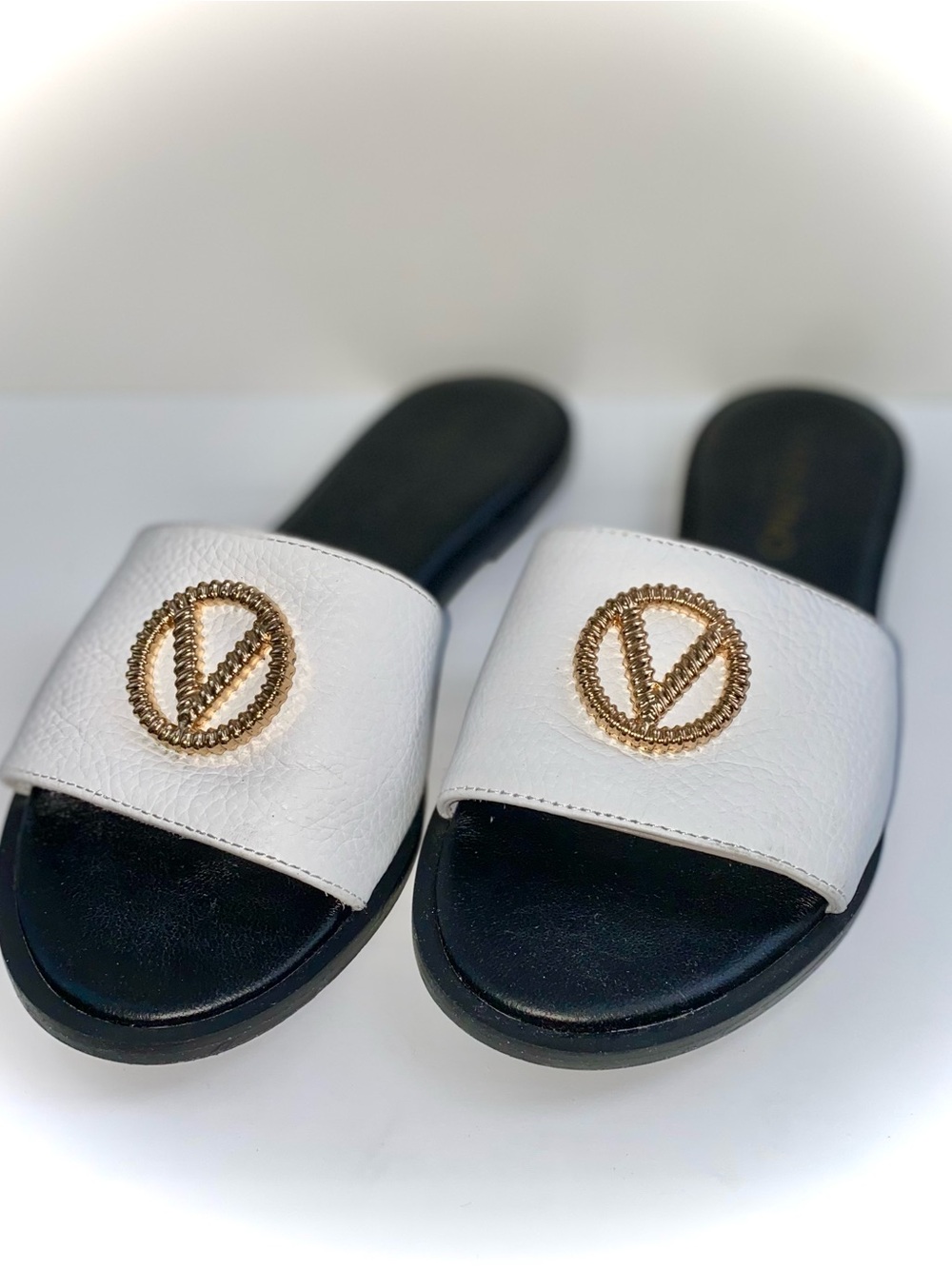 Valentino By Mario Valentino White Slide Sandals with Gold Logo - Picture 1 of 5